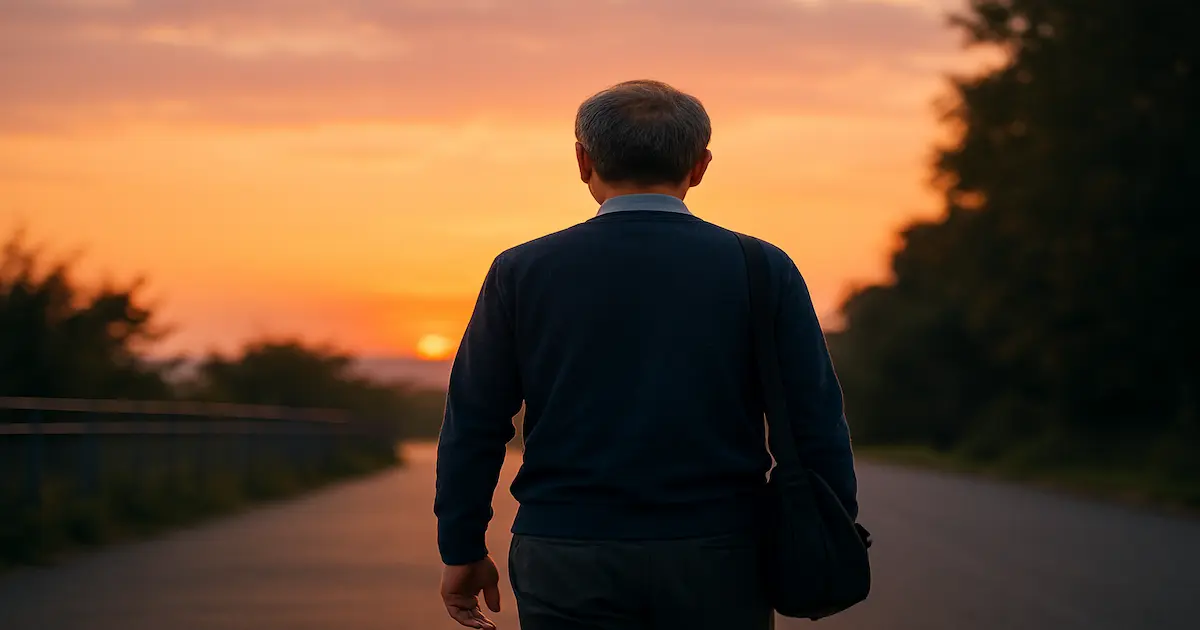 氷河期世代の老後に不安を抱える中年男性が夕暮れの道を歩く様子。将来への備えを考えるイメージ画像。