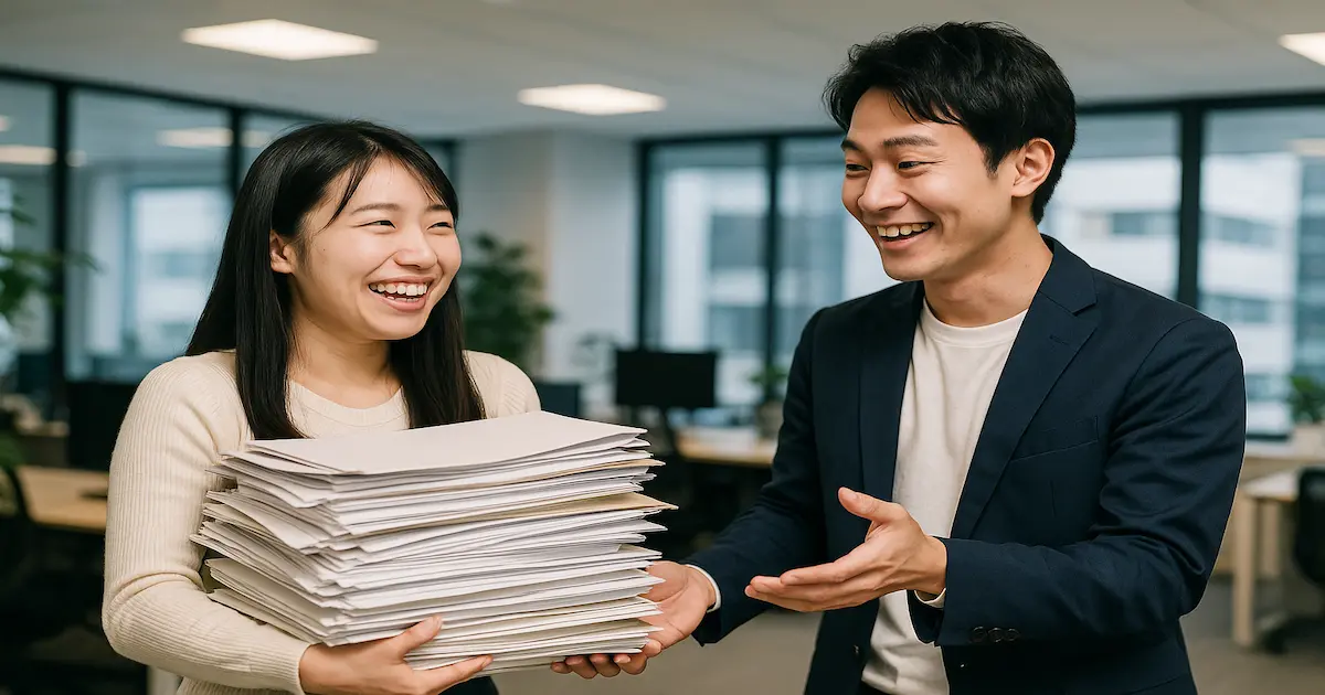 なんならを言い換えて、「よかったら手伝おうか」と書類を抱えている女性に手を差し出している男性。