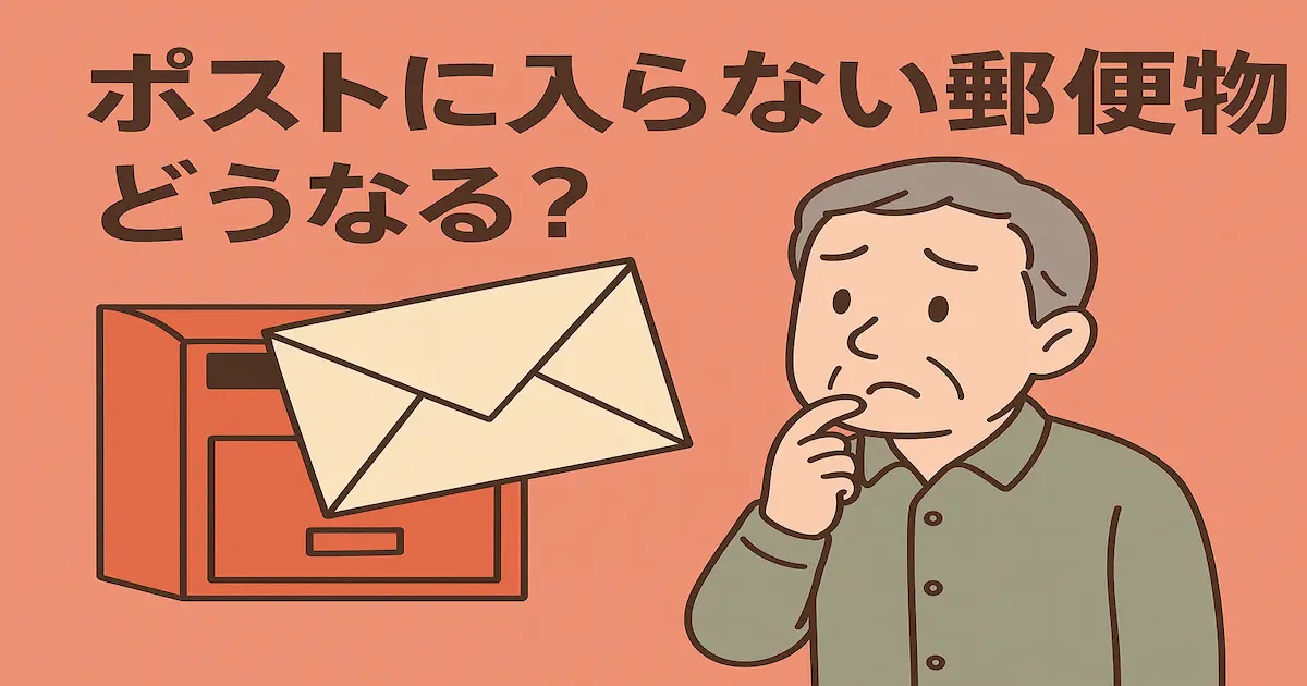 ポストからはみ出した郵便物を見て首をかしげる高齢男性のイラスト