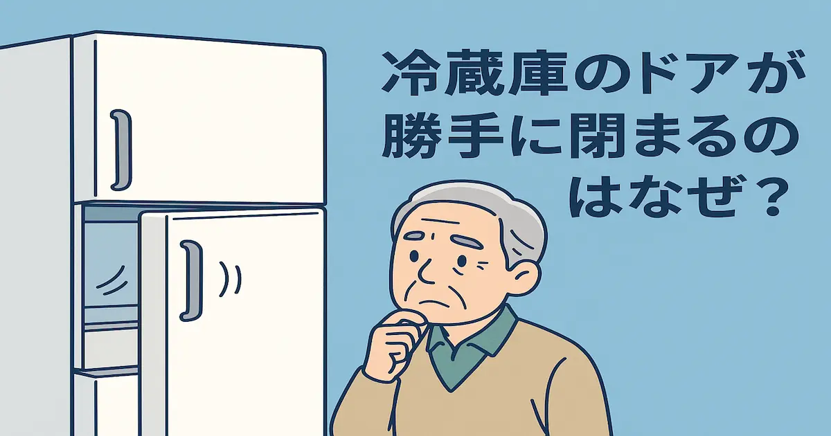 冷蔵庫のドアがゆっくり閉まる様子を見て不思議そうにする高齢男性のイラスト