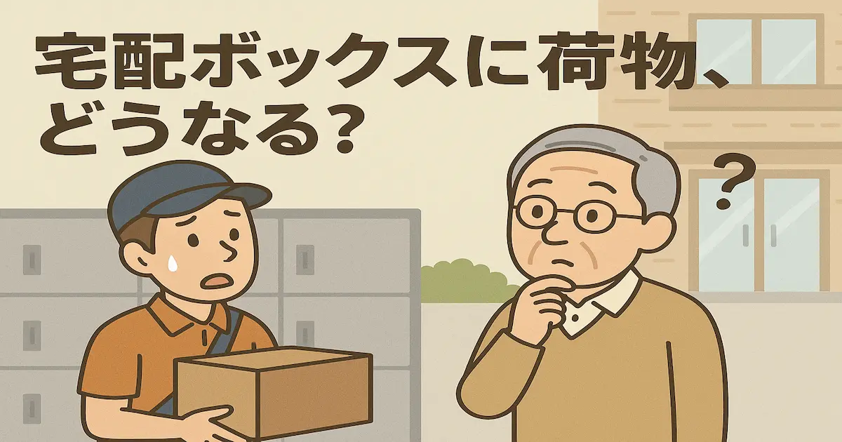 宅配ボックスに入らない荷物を前に困る宅配員と首をかしげる高齢男性のイラスト