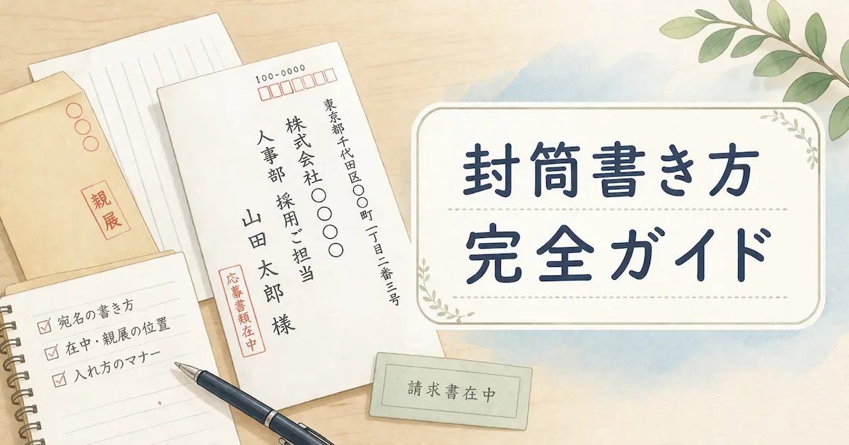 封筒の書き方の基本を解説する完全ガイドのアイキャッチ画像（宛名・在中・親展などの例を示したイラスト）