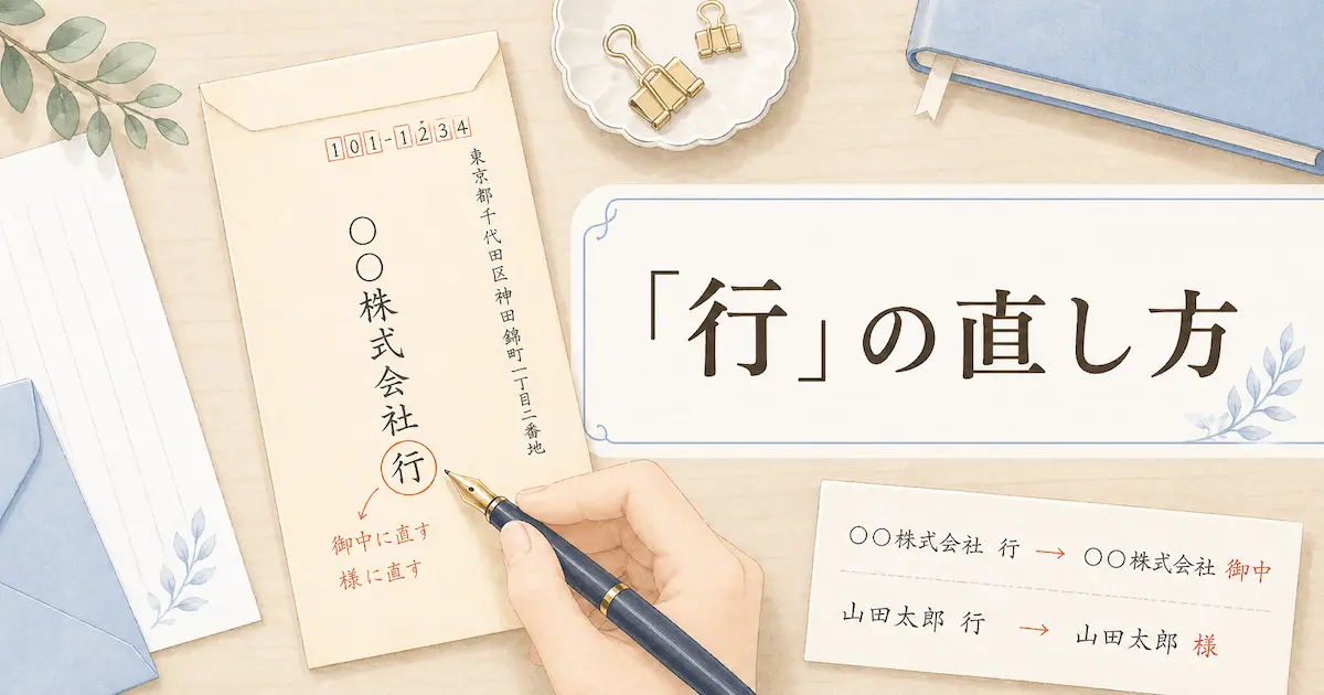 返信用封筒の「行」を御中・様に直す方法を、封筒と手書きの例でやさしく示したイラスト風アイキャッチ画像