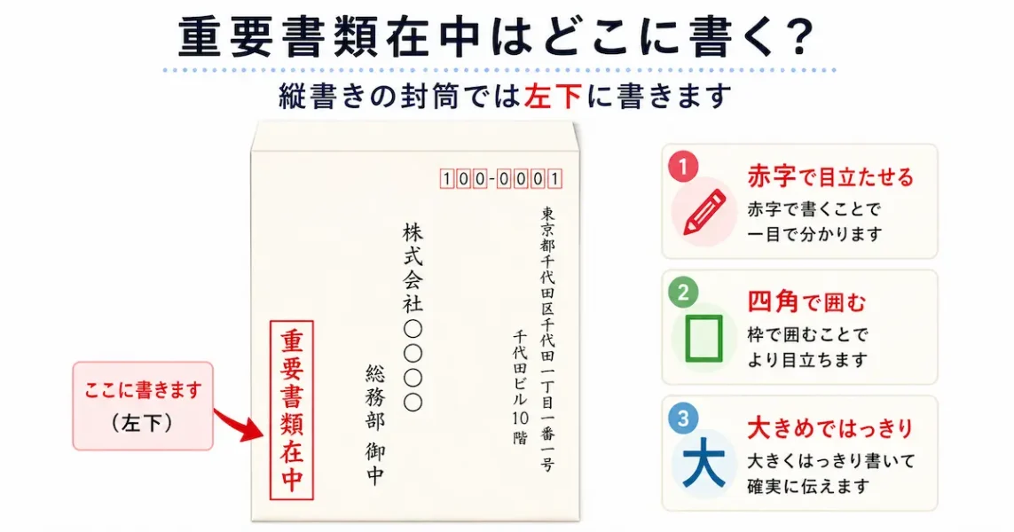 縦書き封筒に「重要書類在中」と書く位置を示した画像