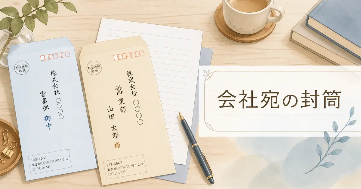 会社宛の封筒の書き方と御中・様の使い分けを、封筒とペンでやさしく示したイラスト風アイキャッチ画像