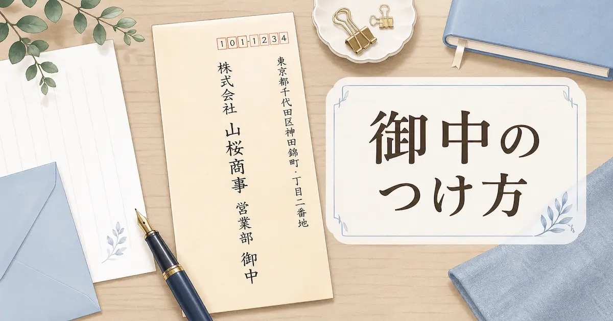 御中のつけ方をやさしく解説する、封筒・便箋・万年筆を並べたイラスト風のアイキャッチ画像