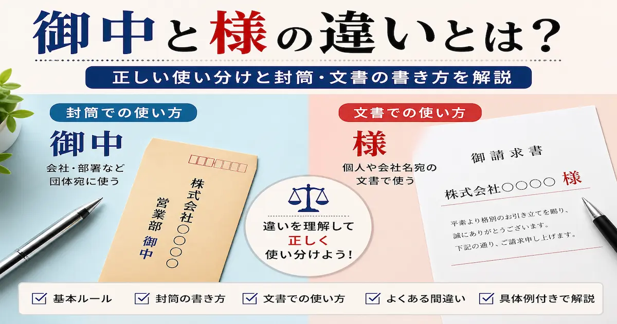 御中と様の違いと使い分けを封筒と文書で比較解説したアイキャッチ画像