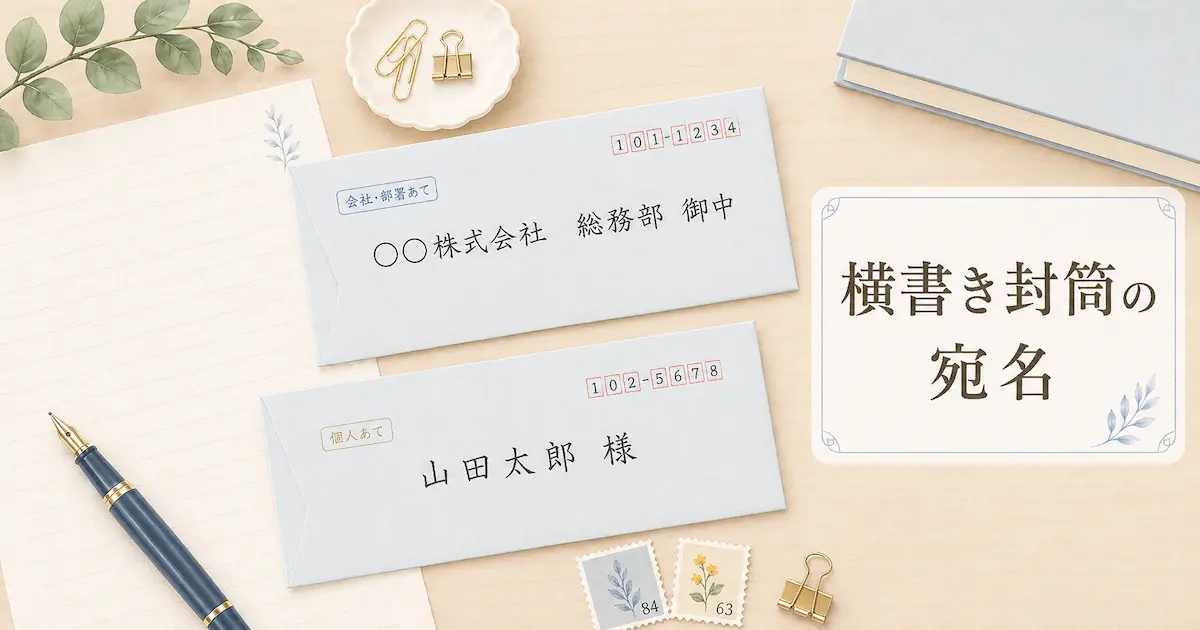 横書き封筒で御中と様をどう書くかを、会社宛と個人宛の封筒で示したイラスト風アイキャッチ画像