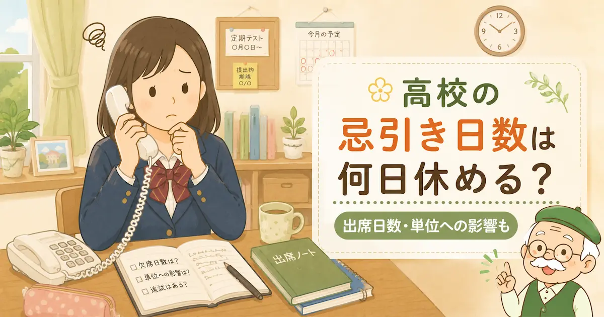 やさしいイラスト風の室内で、高校への忌引き連絡について悩みながら電話をかける女子高校生。机には出席ノートやメモ帳が置かれ、右側には「高校の忌引き日数は何日休める？」という大きな文字と「出席日数・単位への影響も」の説明が表示されている。右下にはじんさん風の年配キャラクターが小さく添えられた、暮らしの疑問解決ブログ向けアイキャッチ画像。