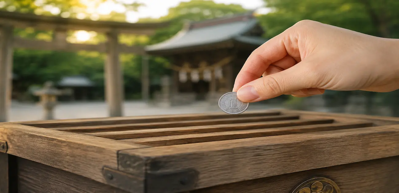 神社の賽銭箱に1円玉をそっと入れようとしている手元を写した、お賽銭1円問題をイメージしたやさしい雰囲気のアイキャッチ画像