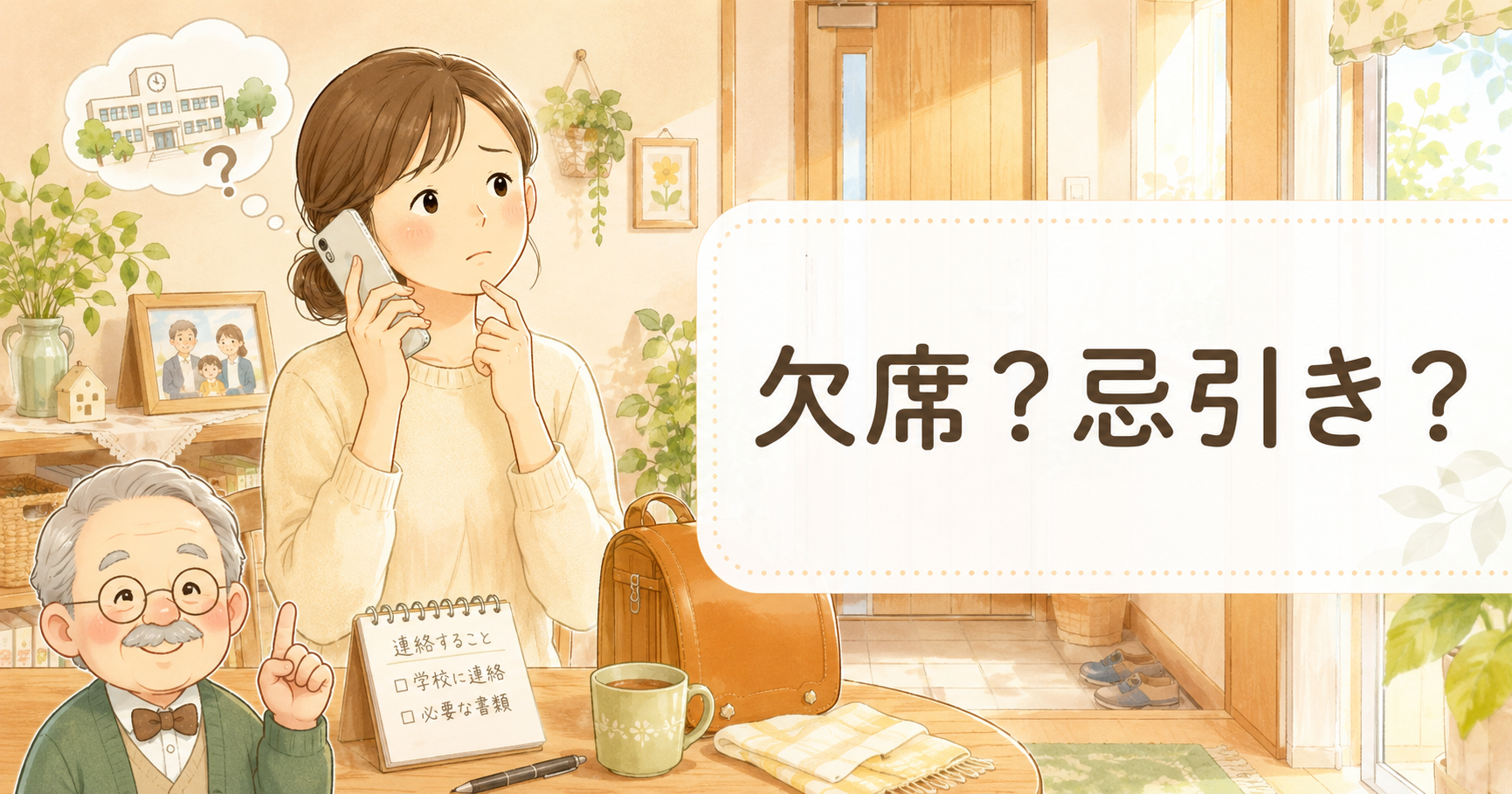 親戚の葬儀で学校を休む際、欠席扱いになるのか忌引きになるのかを心配しながら電話をかける母親のやさしいイラスト。室内にはランドセルや連絡メモが置かれ、左下にはじんさん風の年配キャラクターが案内役として描かれている。